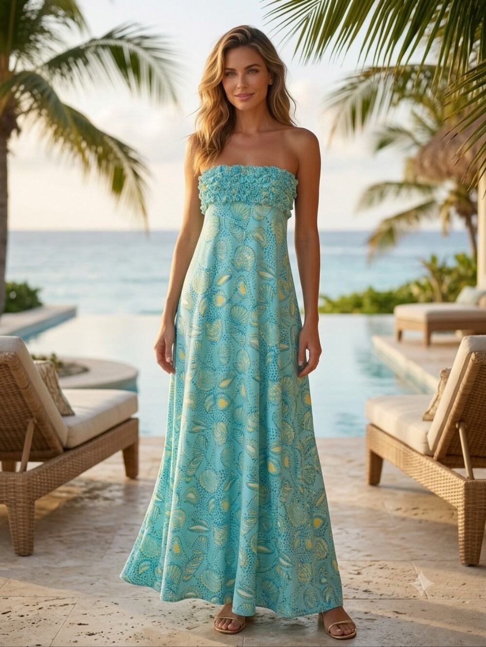 Lilly Pulitzer Strapless Ruffled Bodice Shell Print Maxi Dress M Coastal Resort - Picture 1 of 14
